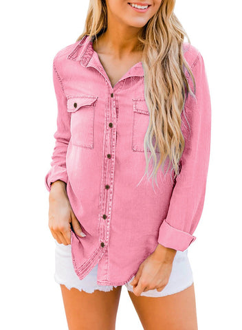 Women's Long Sleeve Collared Shirt Button Down Denim Blouse Tops