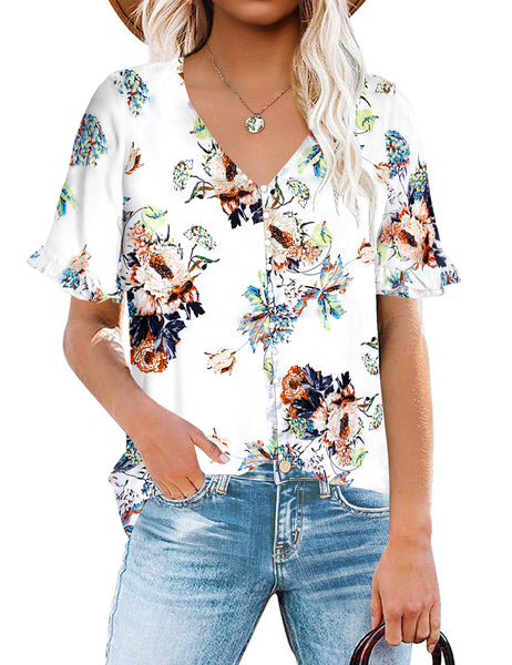 White Ruffle Trim Short Sleeves Floral-Print V-Neck Button-Down Top