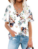 Model wearing white ruffle trim short sleeves floral-print V-neck button-down top