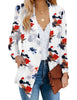 Front view of model wearing white floral-print open-front side pockets blazer