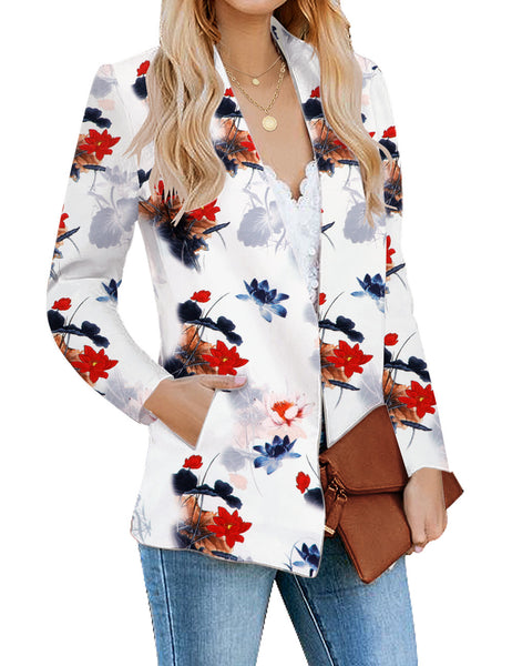 Angled view of model wearing white floral-print open-front side pockets blazer