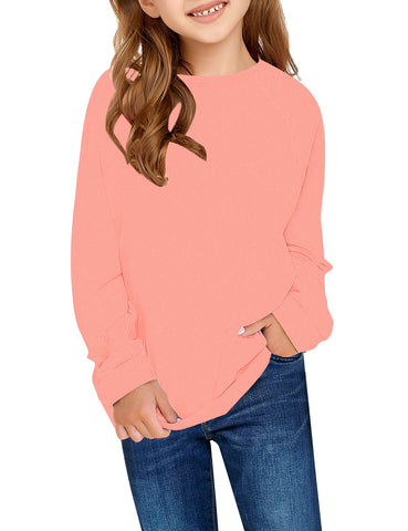 Light Pink Plain Color Crew Neckline Pullover Girls' Top