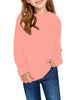 Model wearing light pink plain color crew neckline pullover girls' top