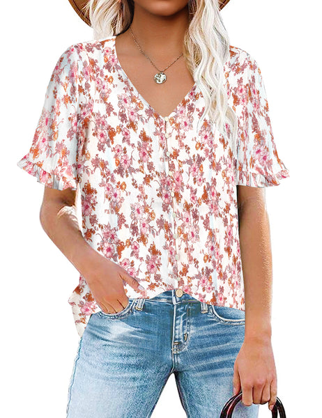 Model wearing light pink ruffle trim short sleeves printed v-neck button-down top