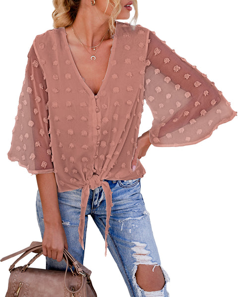 Model wearing mauve 3/4 sleeves pompom tie-front top