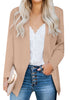 Front view of model wearing light brown open-front side pockets blazer