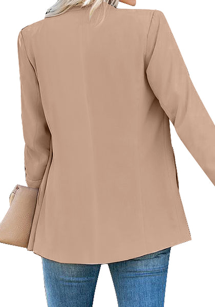 Back view of model wearing light brown open-front side pockets blazer