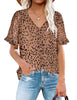 Pretty model wearing deep brown trim short sleeves printed V-neck button-down top