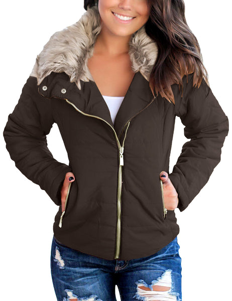 Dark Brown Women Casual Faux Fur Lapel Zip Pockets Quilted Parka Jacket Puffer Coat