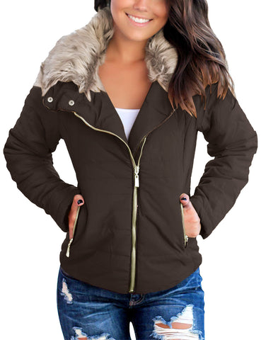 Dark Brown Women Casual Faux Fur Lapel Zip Pockets Quilted Parka Jacket Puffer Coat