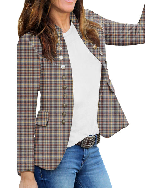 Angled shot of model wearing brown plaid stand collar open-front blazer