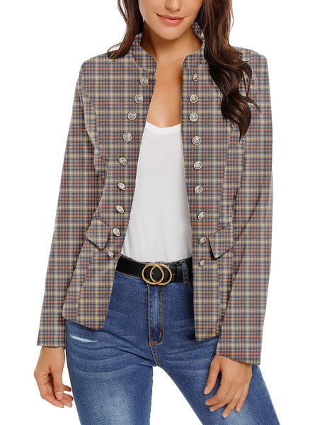 Front view of model wearing brown plaid stand collar open-front blazer