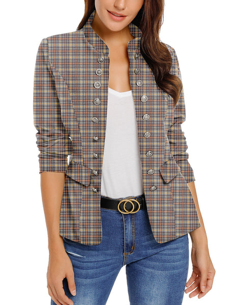 Model wearing brown plaid stand collar open-front blazer