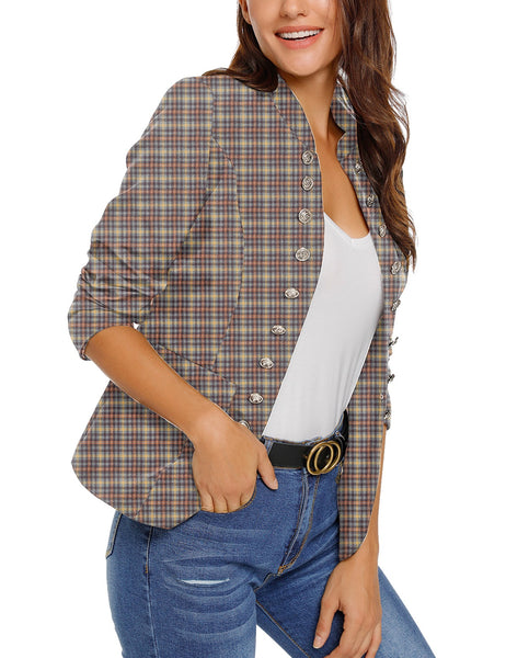 Model poses wearing brown plaid stand collar open-front blazer