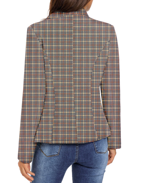Back view of model wearing brown plaid stand collar open-front blazer