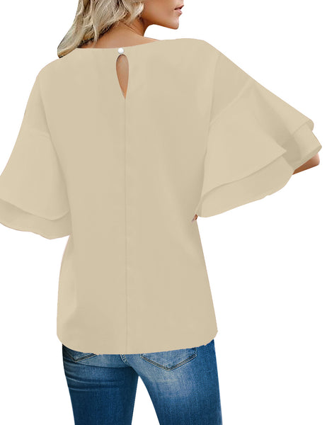 Back view of model wearing beige trumpet sleeves keyhole-back blouse