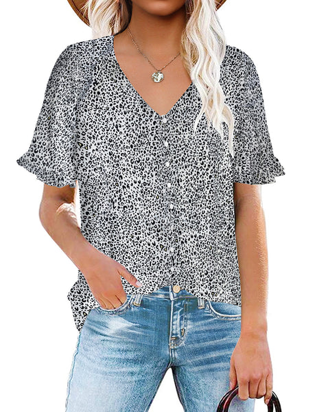 White Ruffle Trim Short Sleeves Printed V-Neck Button-Down Top