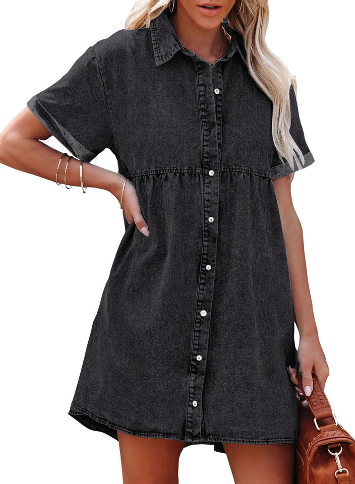 Vintage Black Women's Short Sleeve Button Down Flowy Tiered Babydoll D – Lookbook Store
