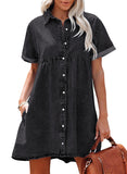 Vintage Black Women's Short Sleeve Button Down Flowy Tiered Babydoll Denim Dress