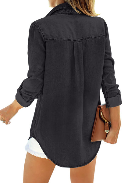 Back view of model wearing black long sleeves button-down denim shirt