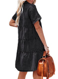 Vintage Black Women's Short Sleeve Button Down Flowy Tiered Babydoll Denim Dress