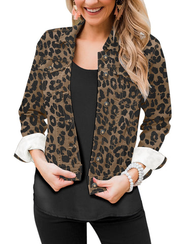 Leopard Print Button Down Women's Denim Jacket