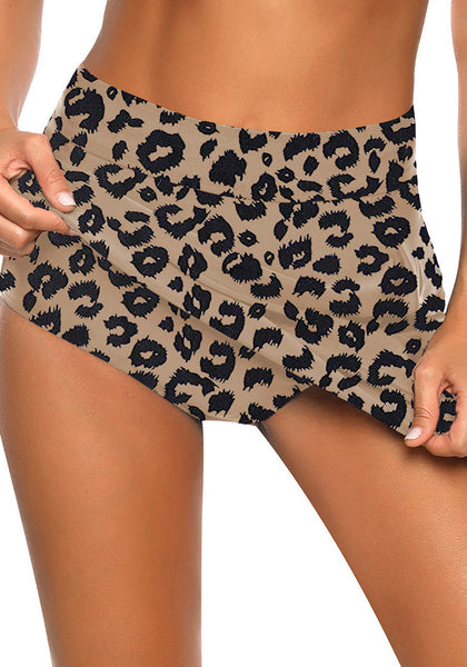 Deep Leopard Print Zipper-Pocket Waistband Skirted Bikini Bottom