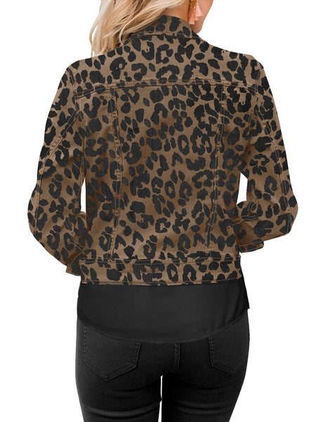 Back view of model wearing leopard print button down women's denim jacket