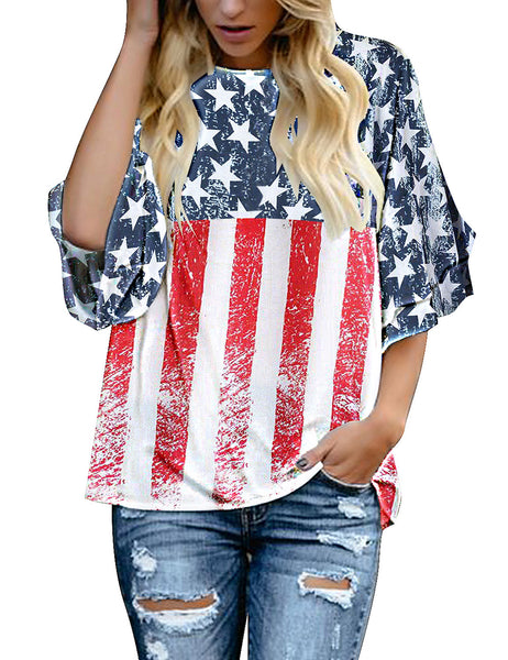 Model wearing American flag trumpet sleeves keyhole-back blouse