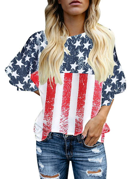 Model poses wearing American flag trumpet sleeves keyhole-back blouse