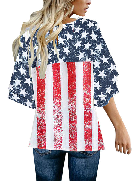 Back view of model wearing American flag trumpet sleeves keyhole-back blouse