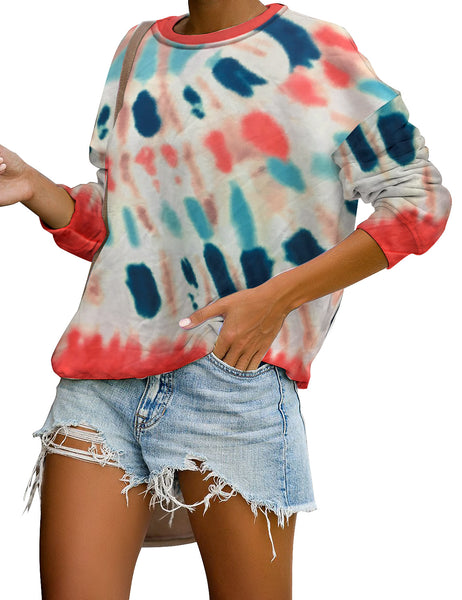 Side view of model wearing Multicolor Tie-Dye Drop Shoulder Pullover Sweater