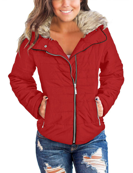 Red Women Casual Faux Fur Lapel Zip Pockets Quilted Parka Jacket Puffer Coat