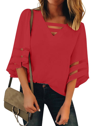 Fiery Red Women's Casual V Neck Mesh Panel Blouse Tops 3/4 Bell Sleeve Shirt