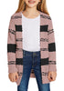 Front view of model wearing lmauve striped fuzzy fleece open-front girls' cardigan
