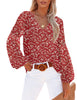 Model wearing red long sleeves V-neckline floral-print boho blouse