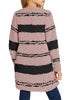 Back view of model wearing mauve striped fuzzy fleece open-front girls' cardigan