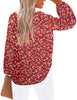 Back view of model wearing red long sleeves V-neckline floral-print boho blouse