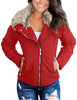 Red Women Casual Faux Fur Lapel Zip Pockets Quilted Parka Jacket Puffer Coat