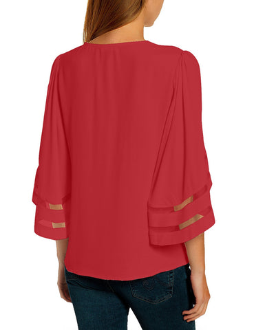 Fiery Red Women's Casual V Neck Mesh Panel Blouse Tops 3/4 Bell Sleeve Shirt