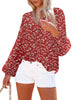 Front view of model wearing red long sleeves V-neckline floral-print boho blouse