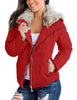 Red Women Casual Faux Fur Lapel Zip Pockets Quilted Parka Jacket Puffer Coat