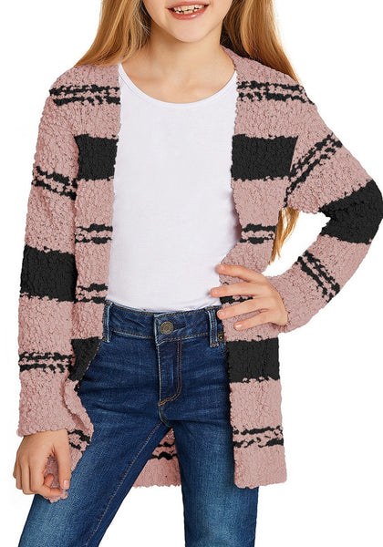 Model poses wearing mauve striped fuzzy fleece open-front girls' cardigan