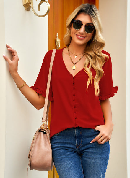 Front view of model wearing red ruffle trim short sleeves V-neck button-down top
