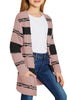 Model wearing mauve striped fuzzy fleece open-front girls' cardigan