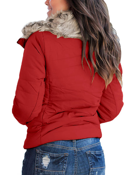 Red Women Casual Faux Fur Lapel Zip Pockets Quilted Parka Jacket Puffer Coat
