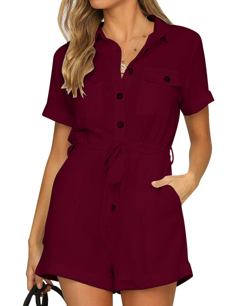 Model wearing burgundy short sleeves button-down belted romper