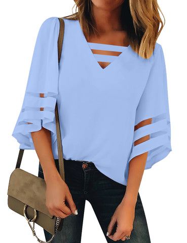 Hydrangea Purple Blue Women's Casual V Neck Mesh Panel Blouse Tops 3/4 Bell Sleeve Shirt