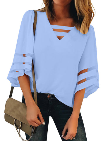 Women's Casual V Neck Mesh Panel Blouse Tops 3/4 Bell Sleeve Shirt