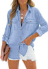 Model wearing light blue long sleeves button-down denim shirt